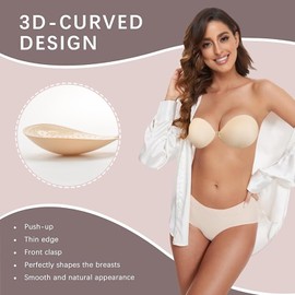 3Pcs Adhesive Strapless Bra for Women, Sticky Invisible Push up Silicone, Gathered top Support Revealing Large Bra, Suitable for Backless Dresses Beige