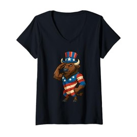 Womens Patriotic Saluting Uncle Sam Hat Bison USA Flag 4th of July V-Neck T-Shirt