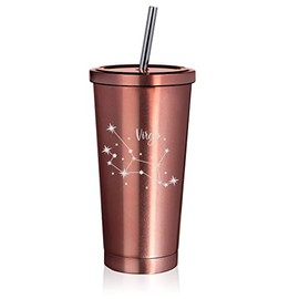 Rose Gold 16 oz Stainless Steel Double Wall Insulated Tumbler Pool Beach Cup Travel Mug With Straw Star Zodiac Horoscope Constellation (Virgo)