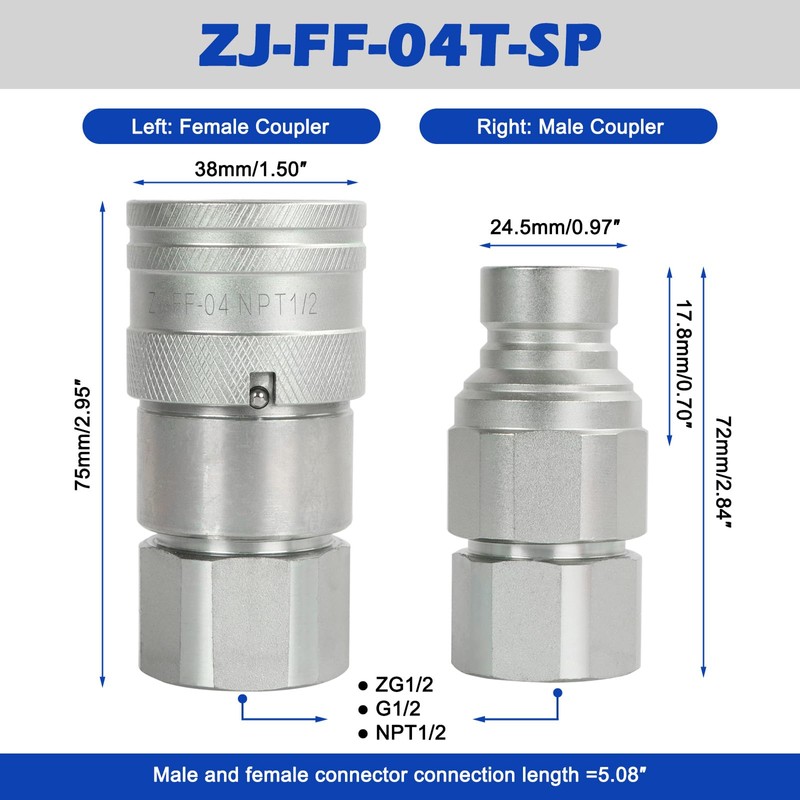 SINOCMP Flat Face Hydraulic Quick Connect Couplers/Couplings with Dust Caps