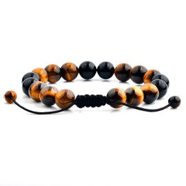 West Coast Jewelry Men's Polished Tiger's Eye and Onyx Stone Beaded Adjustable Bracelet (10mm Wide)