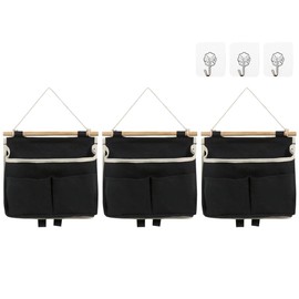 Kellegour 3 Pieces Wall Hanging Storage Bag with Pockets,Wall Hanging Organizer with Pockets,Hanging Storage Organiser,Linen-Cotton Bedside Storage with Hooks,for Kitchen,Bedroom,Office,RV Car,Black