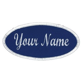 Oval Name Patch Uniform Work Shirt Custom Embroidery, Royal/White Border Script, Sew On