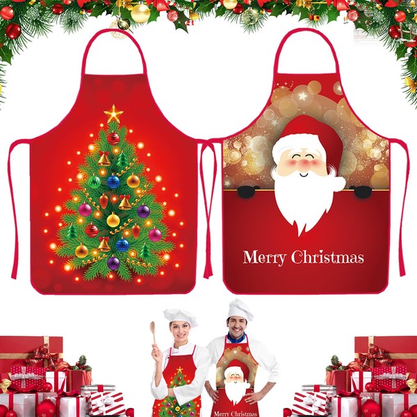 WELLXUNK Christmas Apron, Pack of 2 Christmas Aprons, Cooking Apron, Kitchen Apron, Christmas Apron, Red Christmas Apron, Funny Christmas Apron, Cartoon Christmas Apron, for Men and Women, M1