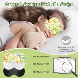 Kids Sleep Mask Eye Cover: 100% Real Natural Pure Silk Eye Mask with Adjustable Strap, Funny Blindfold Kids Eye Mask for Sleeping, Soft & Lightweight Eye Shade for Boys Girls Teens (Dinosaur Style)