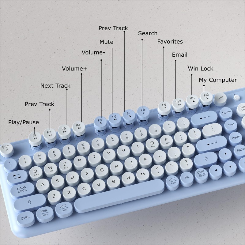 COVEVA Wireless Bluetooth Keyboard, Full Size Retro Round Keycaps(Blue)