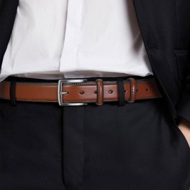 GSG Mens Leather Belts Double Stitched Belts for Jeans, Suits, Work, Uniform with Single Prong Buckle Brown 42-46 inch