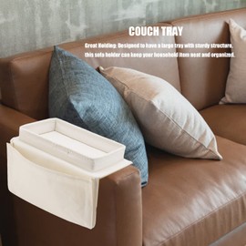 Sofa Tray Table Clip on Side Table, Foldable Sofa Arm Table Detachable Armrest Tray for Eating and Drink (Beige)