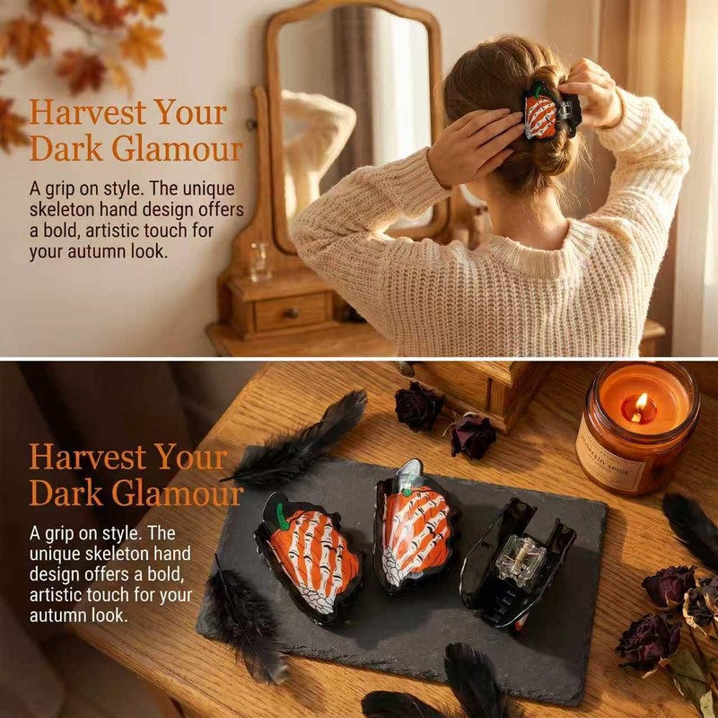 Halloween Skeleton Hand & Pumpkin Hair Claw Clips for Half