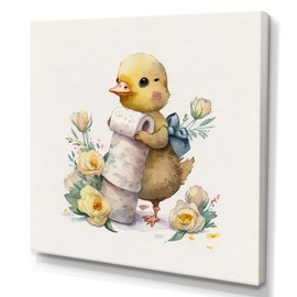 DesignQ Canvas Art Wall Decor Cute Chick with Toilet Paper and Flowers II Bathroom Wall Decor, Bathroom Decor, Bathroom Decor Wall Art, Wall Art - Made Of Wood & Cotton Material- Large Sizes