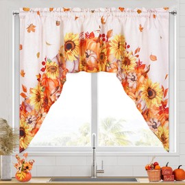 FRAMICS Fall Valance for Kitchen Thanksgiving Swag Curtain Pumpkin Sunflower Maple Leaves Window Valance Fall Rod Pocket Valance for Windows, 60" W x 36" L, 1 Panel