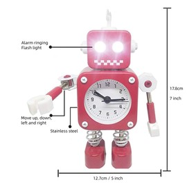 Diskary Robot Alarm Clock,Stainless Metal Non-Ticking Wake-up Clock with Flashing Eye Lights and Rotating Arm,Gift to Children (Red)