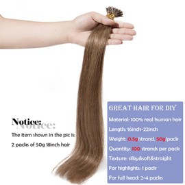 22 inch I Tip Hair Extensions 100 Strands Pre Bonded Stick Tip Keratin Real Remy Human Hair Extension Straight - #06 Light Brown