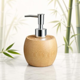 Bamboo Soap Dispenser, Round Bamboo Hand Pump Dispenser for Bathroom & Kitchen, Refillable Liquid Soap Lotion Dispenser with Polished Metal Pump