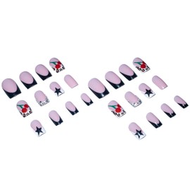 MERVF Press on Nails Medium Square Black French Tip Fake Nails Glue ons Leopard Cherry Star Acrylic Nail 3D Rhinestones Design Manicure Supplies 24pcs Glossy