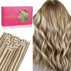 WENNALIFE Seamless Clip In Hair Extensions, 14 Inch 7pcs 130g Ash Brown Highlighted Golden Blonde Hair Extensions Clip In Real Human Hair Extensions Clip In Invisible PU Weft Human Hair Extensions
