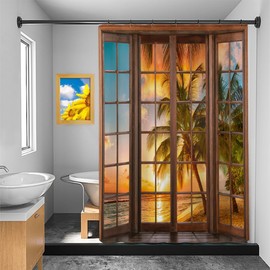 Umpoo Tropical Ocean Beach Shower Curtain Rustic Wood Window View Palm Trees Sea Dusk Sunset Scenery Shower Curtain for Bathroom Decor Waterproof Fabric Set with Hooks, 72x84 Inch