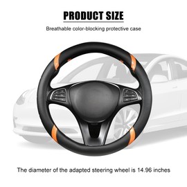 Sandfren Carbon Fiber Car Steering Wheel Cover, 15 Inch Breathable PU Leather Vehicle Steering Wheel Protector with Anti-Slip Lining, Soft Automotive Interior Accessory, Universal Fit (Black/Orange)