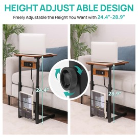 ALBAD C Shaped End Table with Charging Station for Living Room,Adjustable Height Side Table with USB Ports and Outlets for Small Spaces,Sofa Table with Metal Frame for Bedroom, Bedside