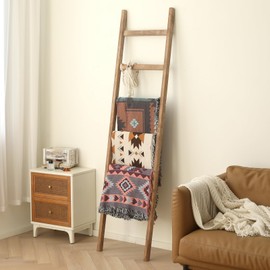 FUIN 6.4ft Extra Wide Wooden Blanket Ladder Living Room Decorative Wal Leaning Farmhouse Quilt Display Holder Rustic Wood Towel Rack for Bathroom, Burnt Brown, 18.5 inch Wide