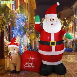 GIFTFIND 7Ft Christmas Inflatable Santa Clau Built-in LED Lights, Outdoor Decoration Santa with Reindeer and Christmas Ball Blow Ups, Holiday Xmas Inflatables Decor for Lawn Yard Garden Outhouse Party
