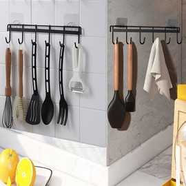 Pack of 2 Hook Rack for Kitchen Utensils, No Drilling Hanging Rack for Kitchen Utensils, Kitchen Utensil Organiser Rack with 6 Hooks, Kitchen Utensil Holder for Kitchen/Bathroom (Black)