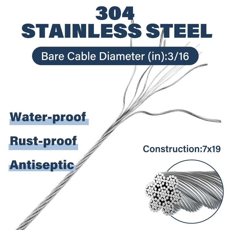 Fshihine 3/16 Wire Rope, 50ft Stainless Steel Cable with Wire