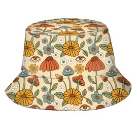 70s Retro Floral Mushroom Bucket Hat Packable Breathable Sun Hats for Women Men Teens Unisex Summer Travel Beach Fisherman Cap