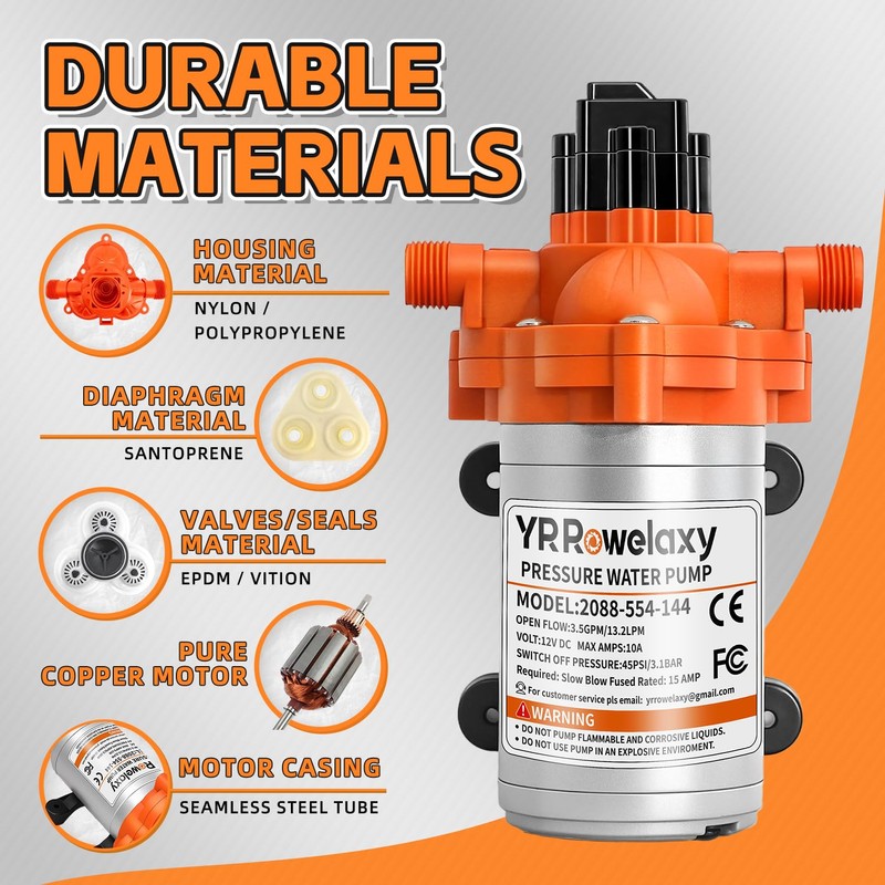 RV Water Pump 12V Quiet, 3.5GPM 45PSI Self-Priming RV Water