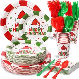Sliner 350 Pcs Christmas Party Tableware Set, 100 Plates 50 Cups 50 Napkins 50 Set Knives Forks Spoons, Disposable Christmas Paper Plates and Napkins for 50 Guests Christmas Party Supplies Decorations