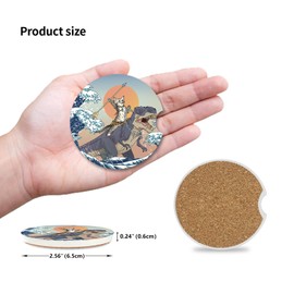 Adastrah Car Coasters Pack of 2,Absorbent Ceramic Car Coasters Set for Women/Men,Drink Cup Holder Coasters,with A Finger Notch for Easy Removal(Cat and Dinosaur)