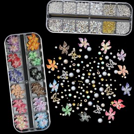 SEMATA 2 Box 3D Flower Nail Charms, Colorful Nail Gems Gold Silver Butterfly Flatback Pearl Nails Rhinestones Charms for Nails Art Jewels Design Decor(Colorful 3)