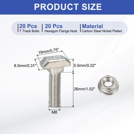 PATIKIL M8 x 28 mm T-Slot Bolts, 20 Sets Drop-in Bolt Hammer Head with Hexagon Flange Nuts T-Bolt Stud Sliding Screw for 45 Series Aluminum Extrusion Profile, Silver