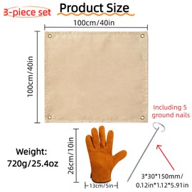 KASTANNY Fireproof BBQ Mat Set – 3-Piece Outdoor Grill Fire Mat with Heat-Resistant Gloves & Ground Pegs, 40"x40" Patio, Deck & Lawn Protection, Tent Stove Blanket, Portable Fire Safety Pad