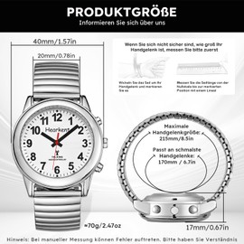 Hearkent Men's Talking Watch with German Voice Edition, Seniors Watch, Blind Watches, Visually Impaired Watch, Radio-Controlled Watch, silver, Bracelet