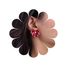 Cybche Boho Red Enamel Flower Earrings Red Flower Stud Earrings Acrylic Floral Petal Earrings Rhinestone Flower Earrings Large Petal Statament Earrings Jewelry for Women