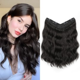 V-shaped Clip in Hair Extensions - Long Wavy Synthetic Hair Extension Clip in 4 Clips Thick Hairpieces Dark Brown Hair Extensions for Women (15Inch,6A#)