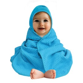 ORIGINAL KIDS Hooded Baby Towel for Newborn - Soft Snugly Waffle Weave Baby Bath Towel with Hood for Infants, Toddlers - 100% Cotton Wrap - Absorbent Newborn Bath Essentials - Large 32x32 - Aqua