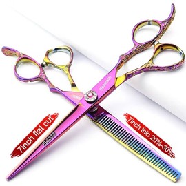 6/7 Inch Professional Hairdressing Scissors Haircut Rose Pattern Hairdressing Scissors Styling Tools Japanese Stainless Steel Scissors Set (7 Inch 2pc-A)