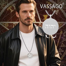 VASSAGO Tetragrammaton Pentagram Necklace For Men Women Pentacle Pendant Hebrew Name of God Symbol Protection Amulet Wicca Pagan Jewelry Gifts (Box Chain-S)