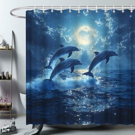ZFMRZF Dolphin Shower Curtain Blue Sea Animals Jump Under Full Moon Starry Ocean Beach Nautical Creatures Bathroom Polyester Curtains Set with Hooks 70x70 Inch
