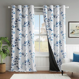 Beauoop Floral 100% Blackout Curtains 84 Inches Long 2 Panels for Bedroom Living Room Navy Blue and White Flower Patterned Room Darkening Thermal Soundproof Grommet Window Treatments Drapes, 52X84