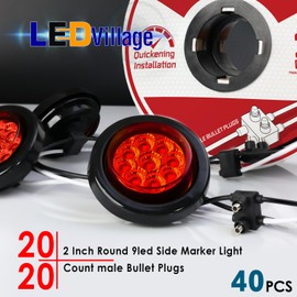 Ledvillage 20 Pcs 2 Inch Round Red LED with Reflectors + Harness Roll Set Easy Installation Double Male Bullet Plugs, Side Marker, Clearance 12V DC Fender Panel Lights for Track Trailer RV