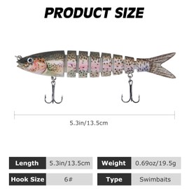 Matymats 3Pcs Pike Fishing Lures, 8 Segmented Multi Jointed Fishing Lures for Bass Trout Perch, Slow Sinking Bass Fishing Lure, Sea Fishing Lures Swimbaits, Fishing Gifts for Men, 5.3", 0.69oz