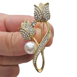 GFM Small Metal Tulip Flower Rhinestone Christmas Birthday Mother's Day Valentine's Day Wedding Anniversary Brooch, Metal