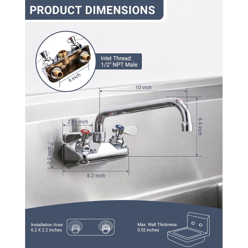 Phivan Commercial Sink Faucet - Leak Free Brass 4 Inch