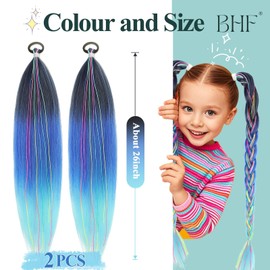 Braiding Hair Extensions - Ponytail Extensions with Elastic Tie Colorful Braid Hair Extension Kids Hair Extensions for Girls Twist Braids Hair for Women Blue Hair Extensions 26'' 2pcs(Ombre Blue)