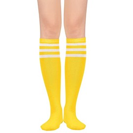 Knee High Socks for Women Leg Warmers Sports Athletic Tube Socks Striped Thigh High Stockings Cosplay 1 Pack Yellow White