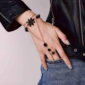 Yalice Rhinestone Finger Bracelet Ring Black Crystal Hand Chains Flower Slave Finger Chain Fashion Charm Hand Jewelry for Women