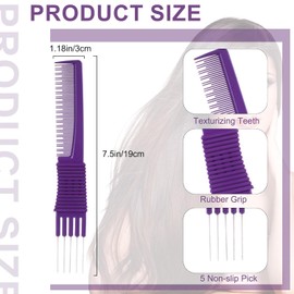 QinfanVi 2 Pack Lift Teasing Comb With Metal Prong,Professional Hair Styling Combs for Women Men,hair Comb With Stainless Steel Lift,Hairdressing Comb for Styling Lifting Back Hair (Black and purple)